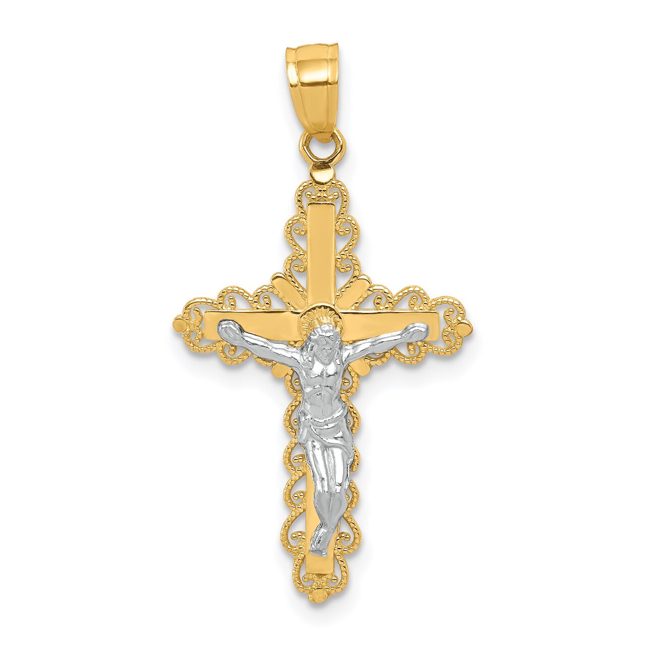 10K Gold & Rhodium Plated Filigree Crucifix Pendant Charm Jewelry 30mm x 16mm